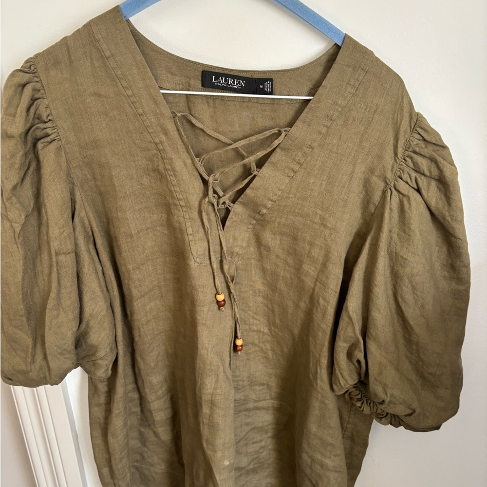 Ralph Lauren Olive Puff Sleeve Lace-Up Blouse
